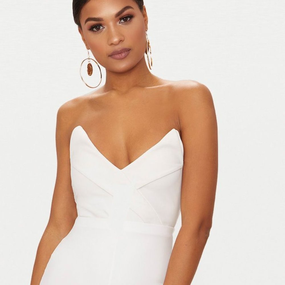 Strapless White Tux Detail Bandeau Thong Bodysuit
